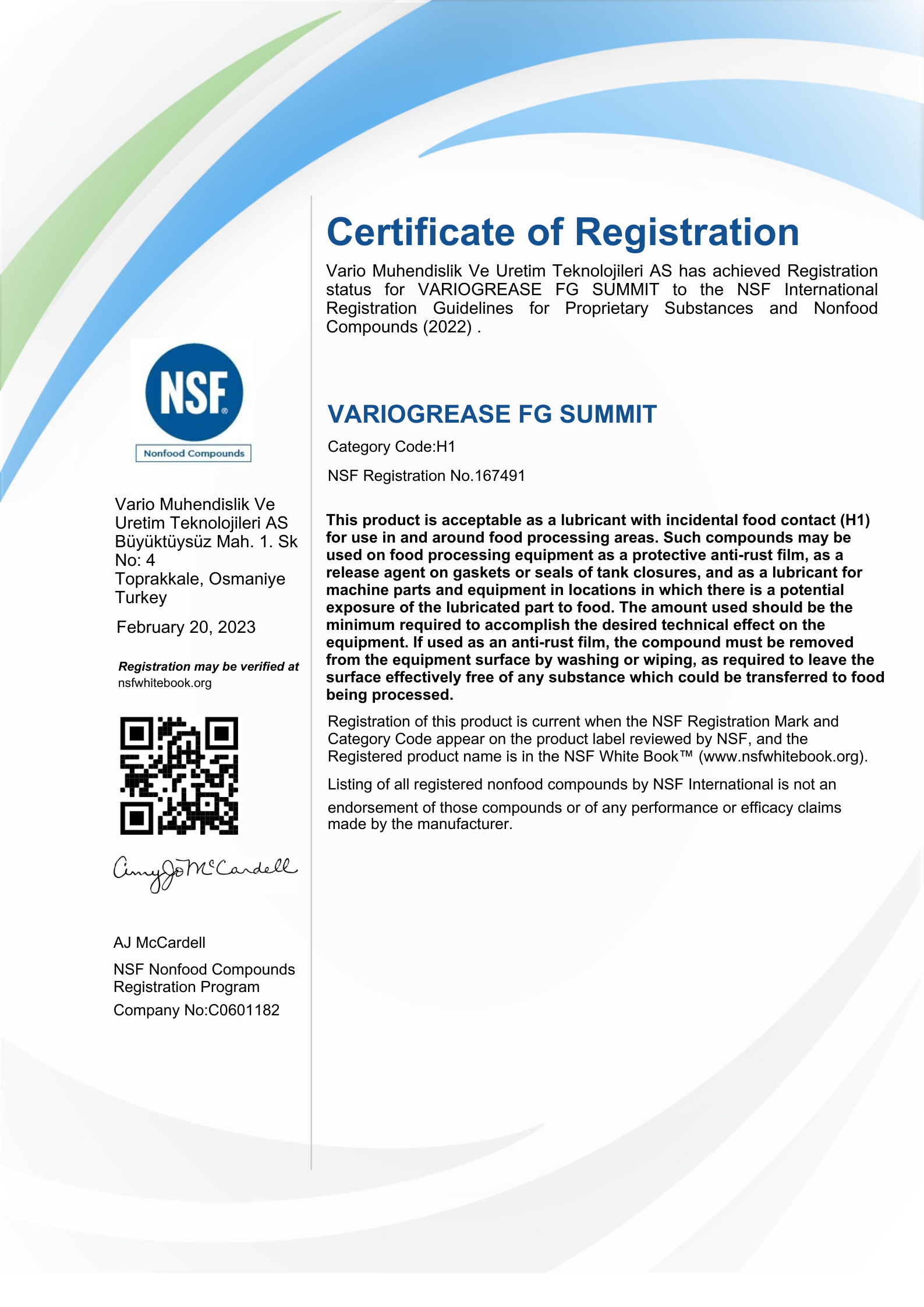 Vario Grease certificate 4