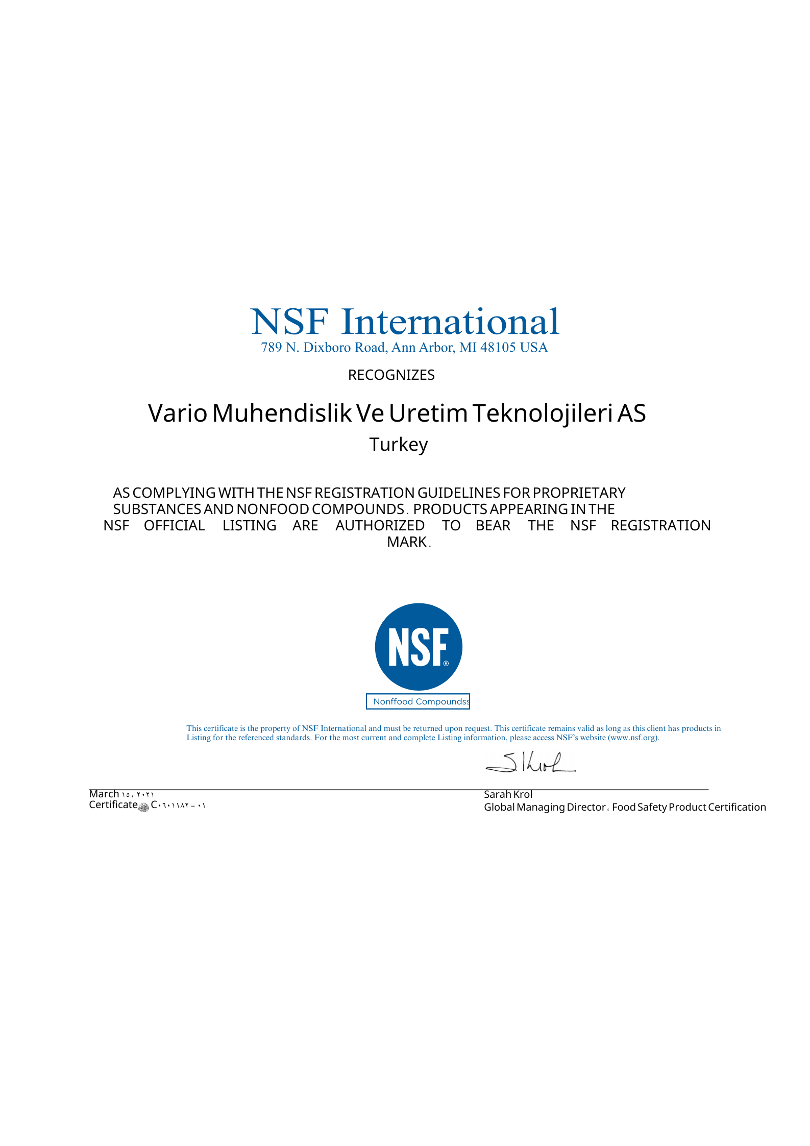 Vario Grease certificate 6