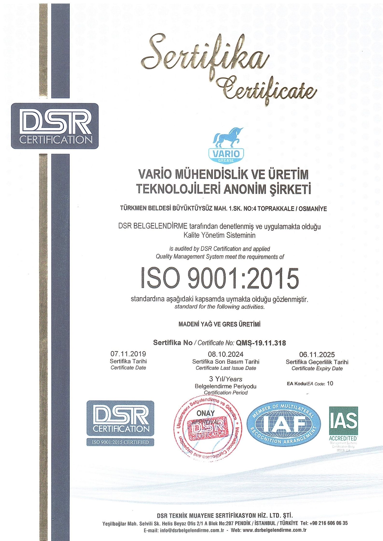 Vario Grease certificate 8