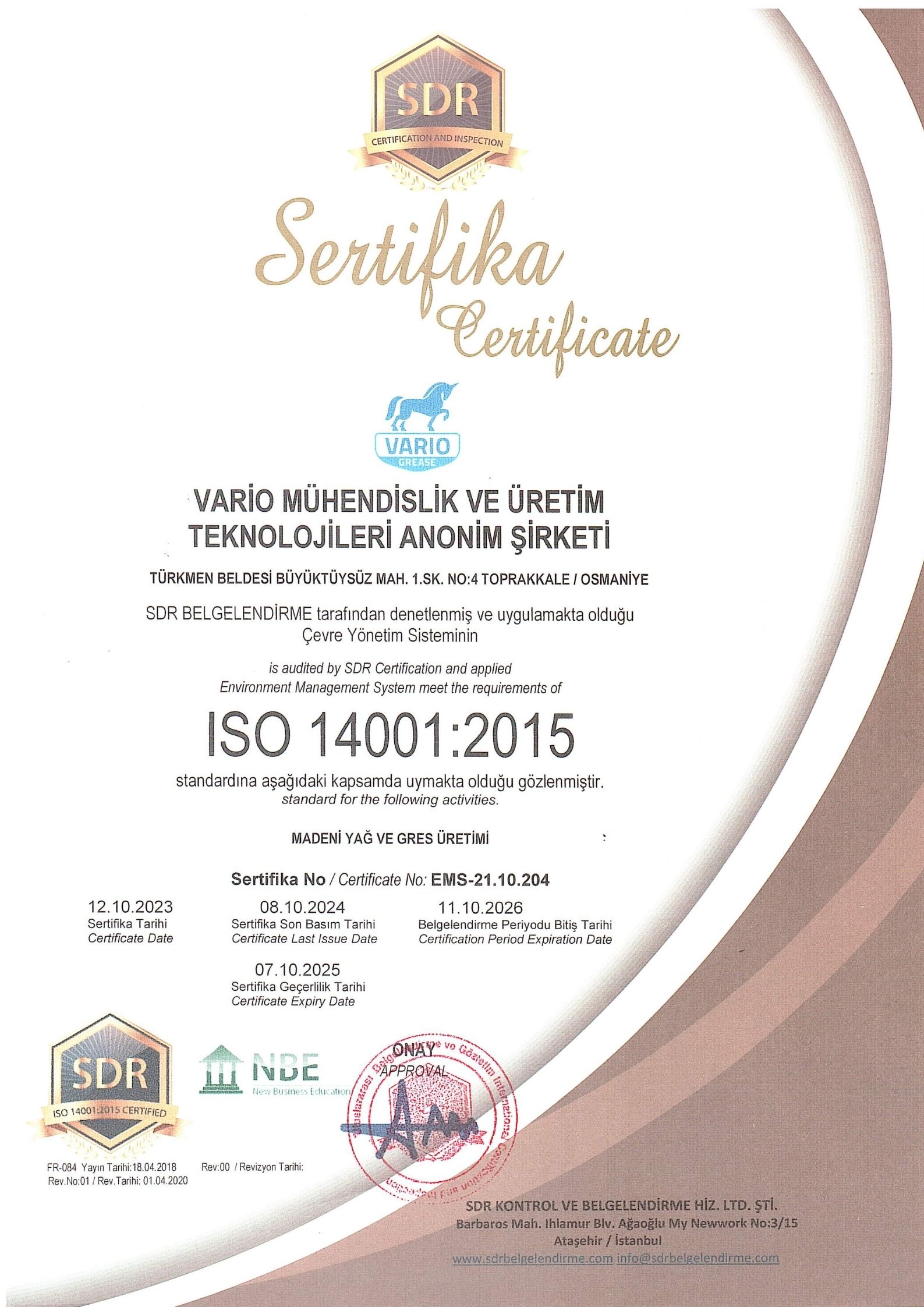 Vario Grease certificate 10